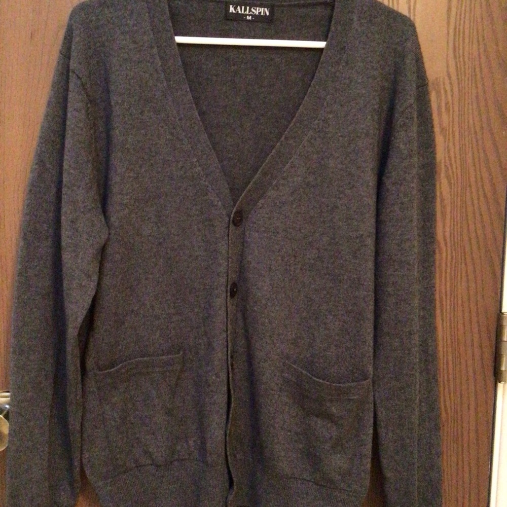 Men's Charcoal gray Cardigan Sweater cashmere wool, lightweight, sz M